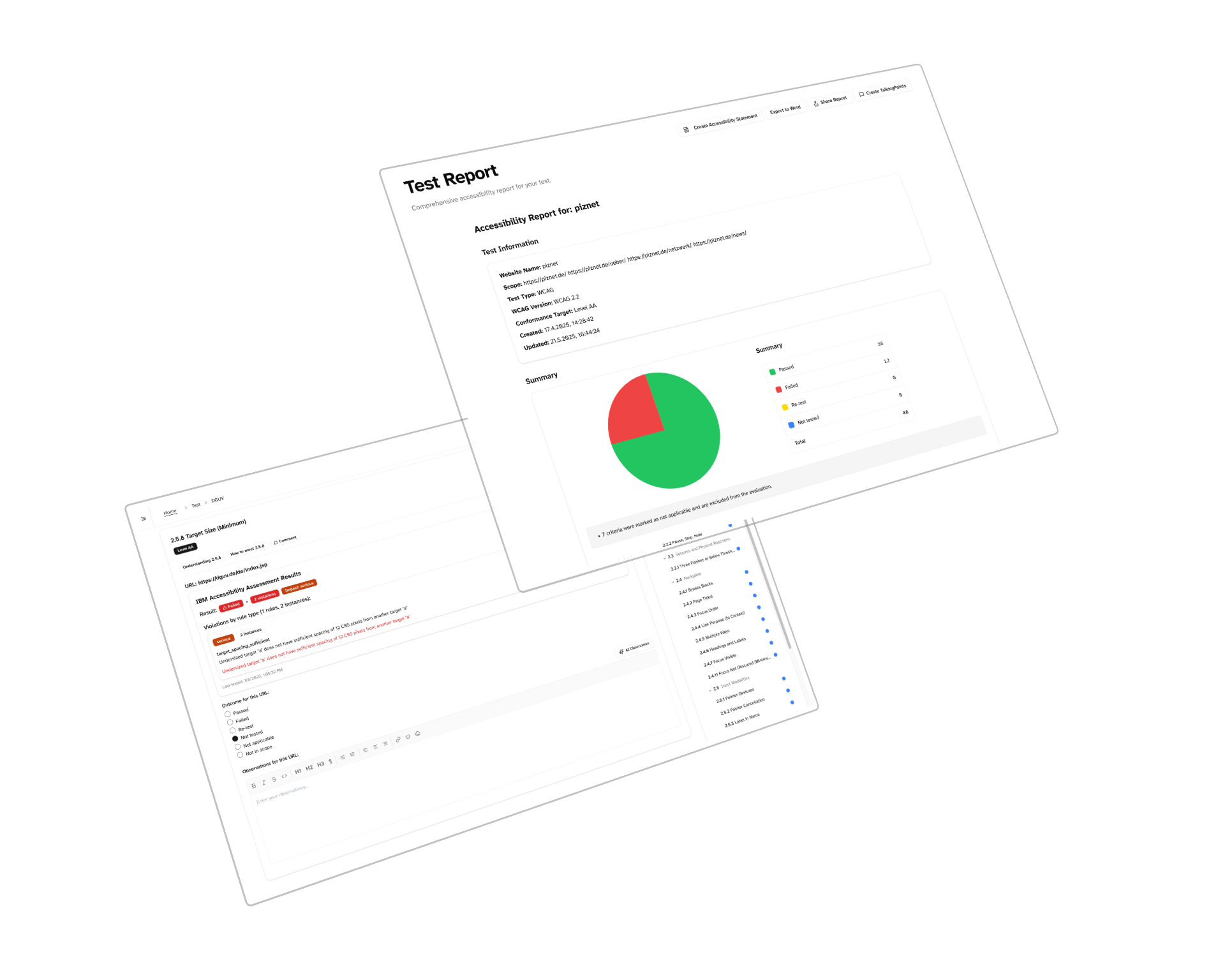 Quick-Check Report - Graphical summary A screenshot of a goodA11y report shows a graphical representation of the test results.